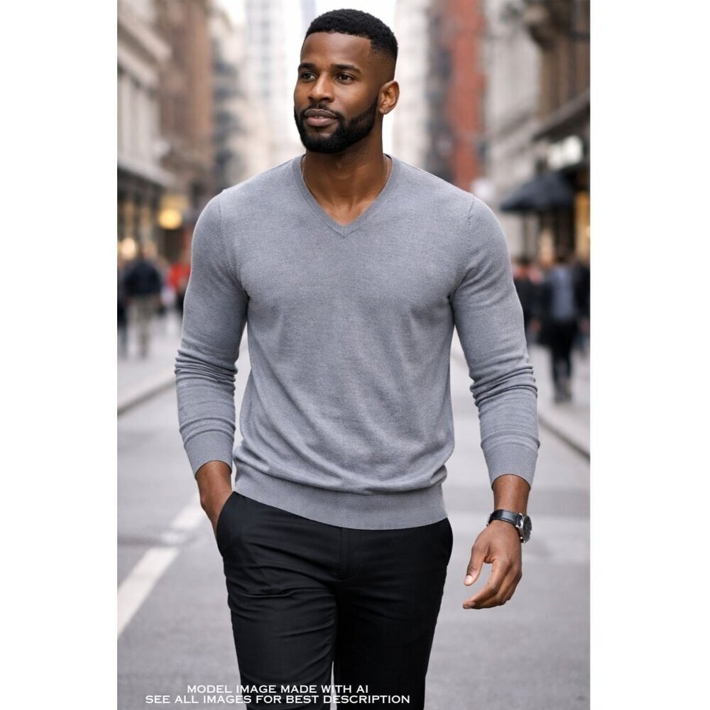J Crew Merino Wool Sweater L Slim Fit V Neck Long Sleeves Gray 100% Merino Wool